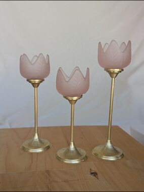 Rose Pink Tulip Glass Candle Holders with Brass Stands